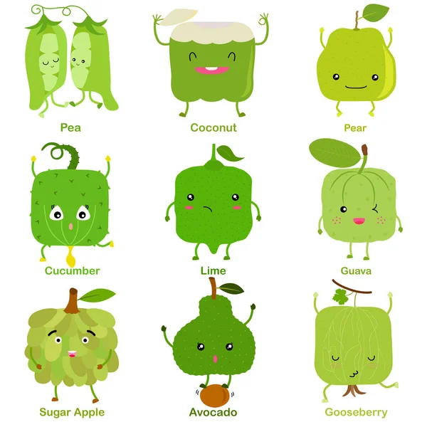 Cute Vector Square Shaped Smiling Fruit Vegetable Happy Face Green — Stock Vector