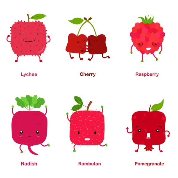 正方形の形をした笑顔の果物のかわいいベクトル 赤い色の幸せな顔をした野菜 Lychee Cherry Raspberry Radish Rambutanザクロ 白を基調としたカラフルなイラスト — ストックベクタ