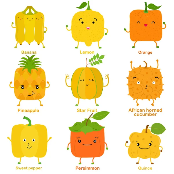 Cute Vector Square Shaped Smiling Fruit Vegetable Happy Face Yellow — Stock Vector