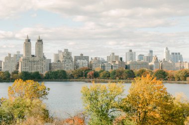 Sonbahar yaprakları ılık renklerde, sakin bir gölün yanında yankılanır ve bulutlu bir gökyüzünün altında şehrin ufuk çizgisini gösterir..