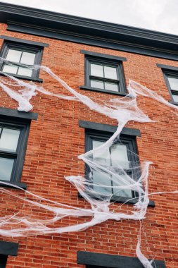 Örümcek ağları tuğla bir binanın camlarını örterek bulutlu bir günde ürkütücü bir Cadılar Bayramı havası yaratıyor..