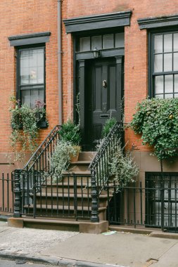 Canlı yeşil bitkiler ve çiçekler şehrin büyüleyici kahverengi binasının merdivenlerini süslüyor..