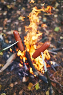bir ateş üzerinde sopaüzerinde sosis