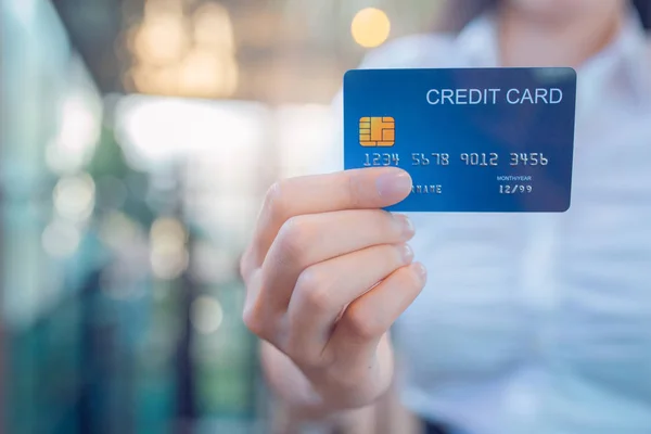 Business Woman Hand Holds Blue Credit Card — Stock Photo, Image