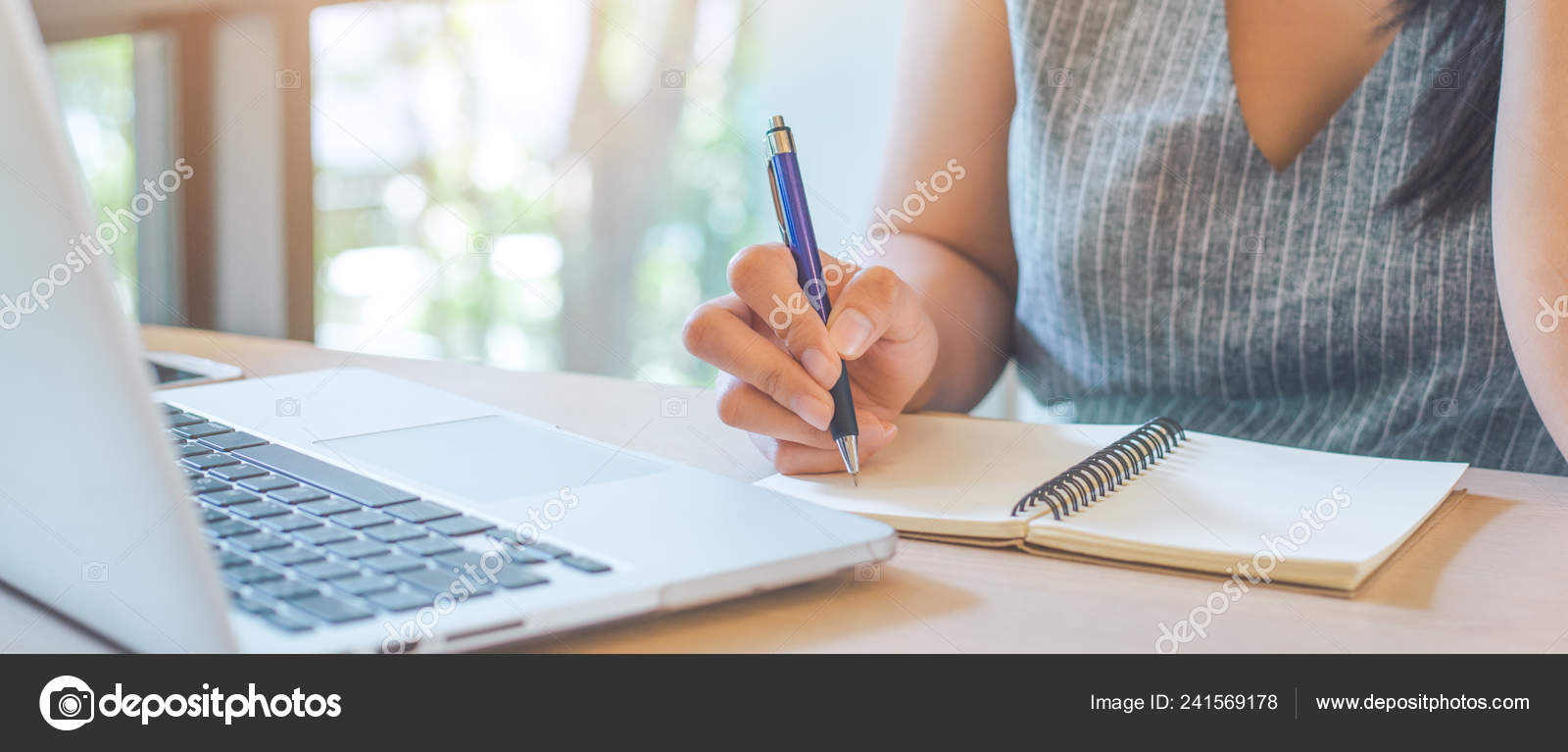 Woman Hand Writing Notepad Pen Office Her Desk Laptop Web