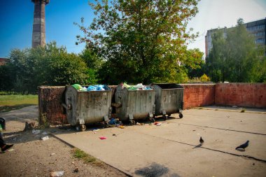 Konotop, Ukrayna 'da plastik, cam ve kağıt için çöp kutuları ayıklama. Eylül 2020