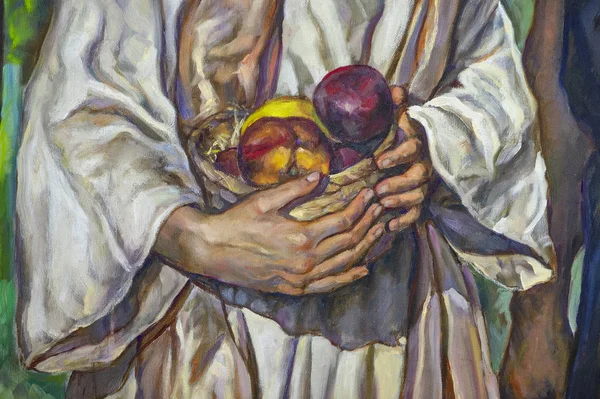 Olieverf schilderij op canvas handen met vrucht baske — Stockfoto