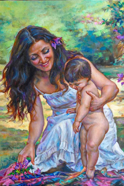 Portrait Oil Canvas Woman Child Playin — Stock Photo, Image