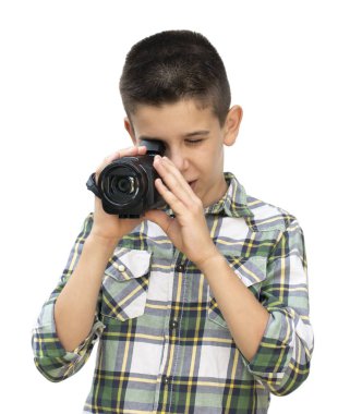 Çocuğu tutun video kamera. Beyaz izole