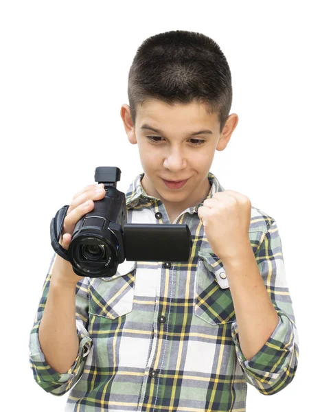 Chłopiec Trzymać Kamerę Wideo Biały Białym Tle — Zdjęcie stockowe
