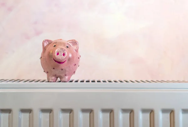 Pink shiny piggy money box on heater in home. Pink Wall background