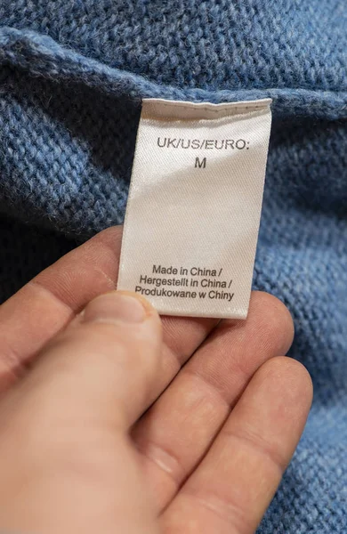 Etiqueta Con Instrucciones Para Lavar Interior Suéter Lana Azul Etiqueta — Foto de Stock