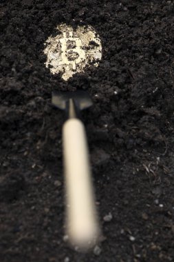 Topraktaki Bitcoin para. Araştırma cryptocurrencies kavramı. Sarı gömülü sikke ve kürek.