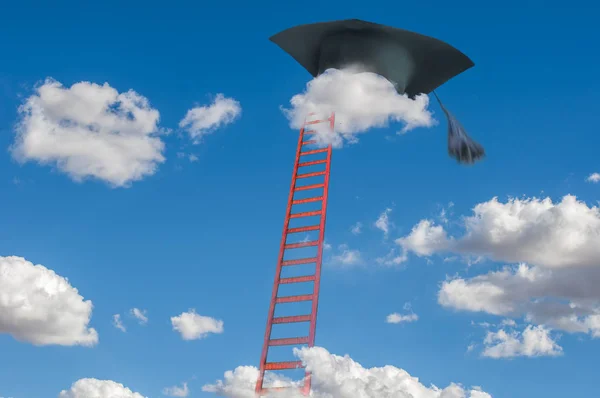 Afstudeer Hoed Ladder Wolken Abstracte Illustratie Concept Voor Afstuderen Kennis — Stockfoto