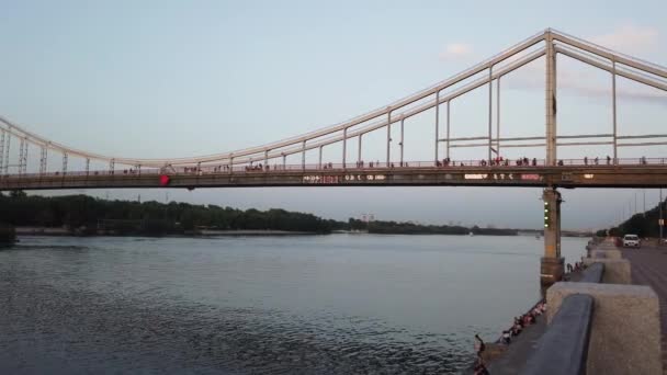 Vista Isola Trukhaniv Ponte Pedonale Sul Fiume Dnipro Città Kiev — Video Stock