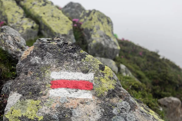 Marking the tourist route painted on stones in red and white. Travel route sign in the Carpathians mountains