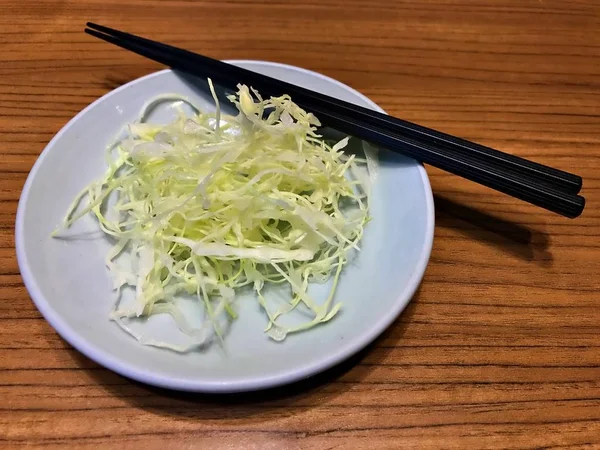 Slice Cabbage Placed White Plate Chop Stick Waiting Dressing Sauce — Stock Photo, Image