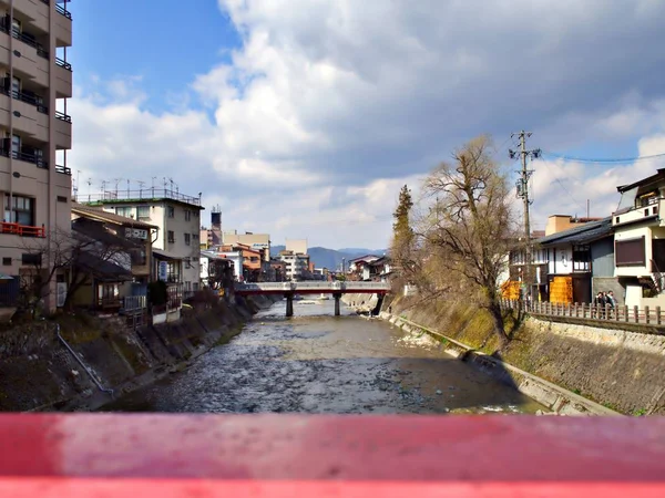 Jarní Sezóně Mrakem Modřínem Mostu Takayama Střídalo Krajina Takayama Jen — Stock fotografie