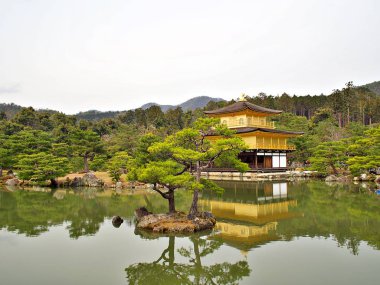 Kikakuji tapınağının manzara çekimi (altın köşk), Kyoto'da Zen din tarzı tapınak ve Japonya'da Bahar aylarında yansıması