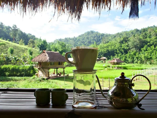 Paisagem Café Grelhado Equipamento Mergulho Com Aldeia Campo Arroz Moutain — Fotografia de Stock