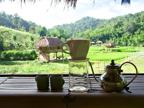 Tiro Set Café Mergulho Com Fundo Montanha Verde Chiang Mai — Fotografia de Stock