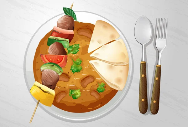 Curry Indio Picante Con Ilustración Kebab — Vector de stock