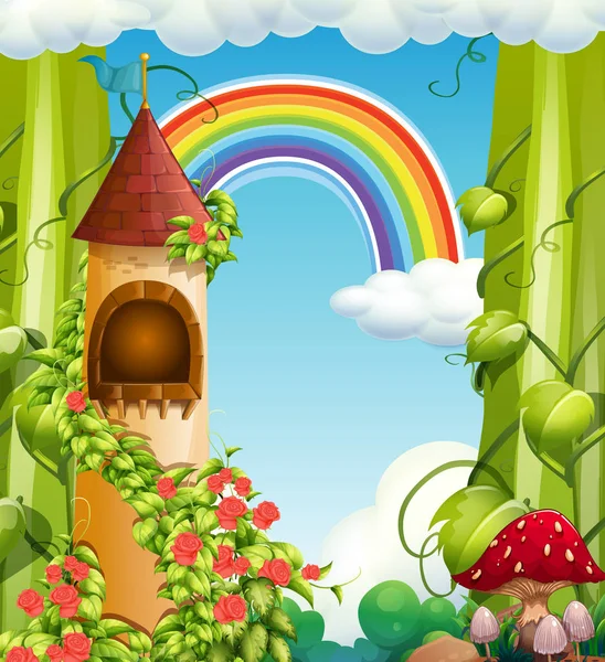 Εικονογράφηση Rainbow Παραμυθένιο Κάστρο Και Φύση — Διανυσματικό Αρχείο