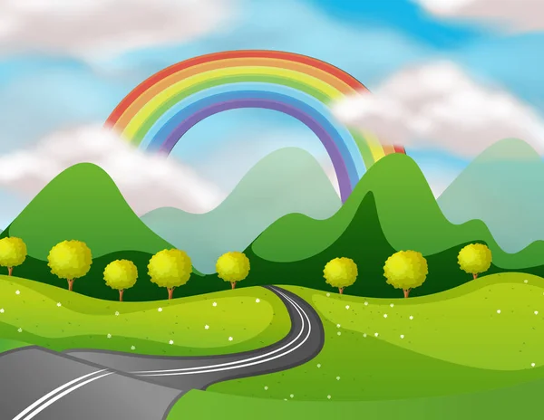 Schöne Naturstraße Unter Dem Regenbogen Illustration — Stockvektor