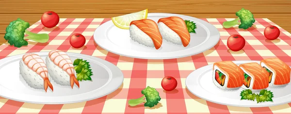 Sushi Tallrik Bordet Illustration — Stock vektor