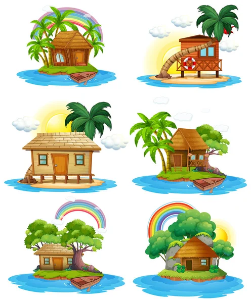 Conjunto Cabana Ilha Ilustração — Vetor de Stock