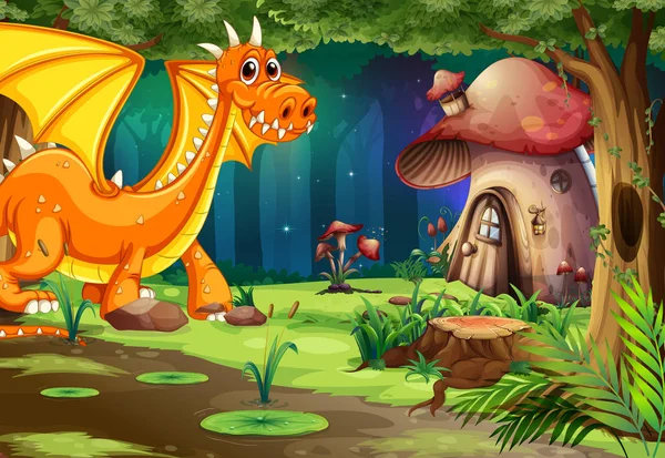 Dragon in Dark Forest and Mushroom House illustration