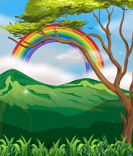美しい緑の山と虹のイラスト — ストックベクタ