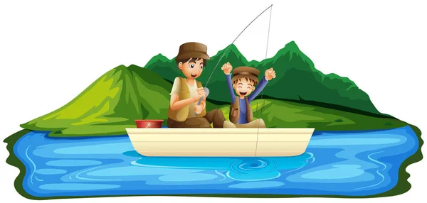 Pai Filho Pesca Lago Ilustração —  Vetores de Stock