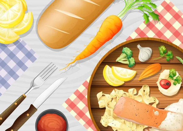 Een Gezonde Pasta Zalm Tabel Illustratie — Stockvector