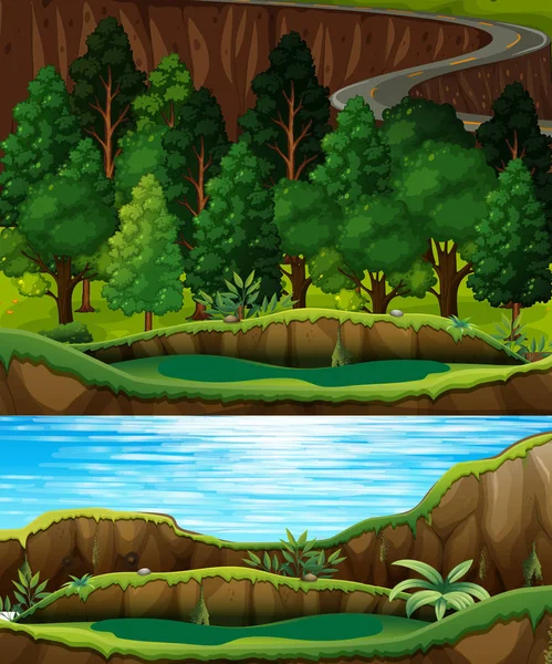 Зелений Ліс Річка Краєвид Ілюстрація — стоковий вектор