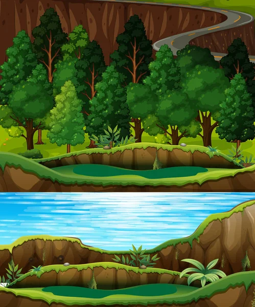 Bosque Verde Paisaje Fluvial Ilustración — Vector de stock