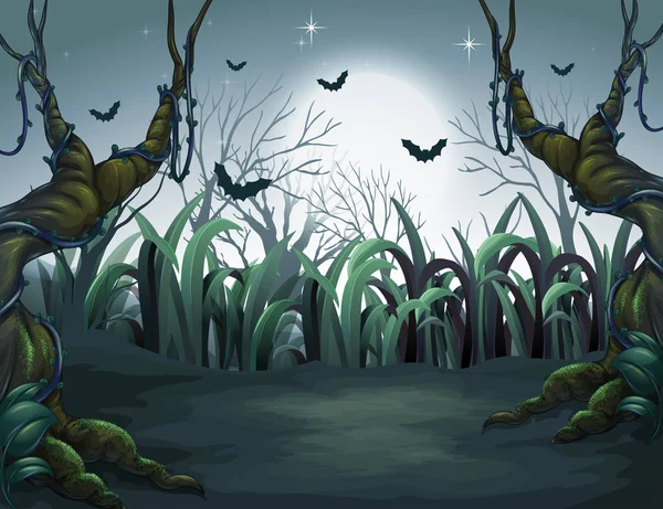 Gruselige Dunkle Nacht Wald Illustration — Stockvektor