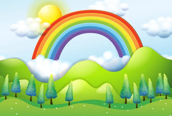 Schöne Grüne Berg Und Regenbogen Illustration — Stockvektor