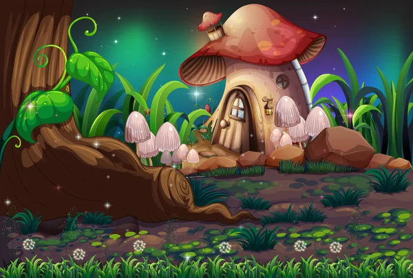 Een Donker Bos Mushroom Huis Illustratie — Stockvector