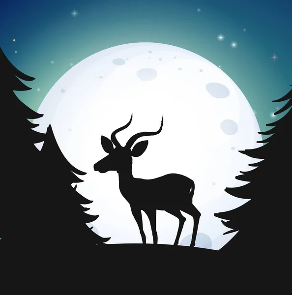 Silhueta Floresta Veado Noite Ilustração — Vetor de Stock