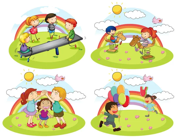 Eine Reihe Von Kindern Die Auf Einem Spielplatz Spielen Illustration — Stockvektor