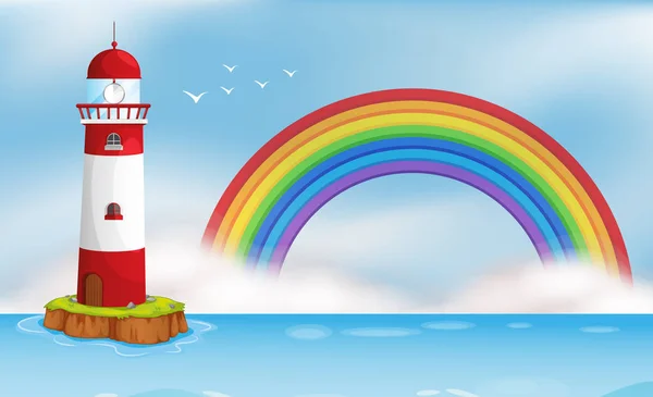 Lighthouse Island Rainbow Seascape Illustration — Stock Vector