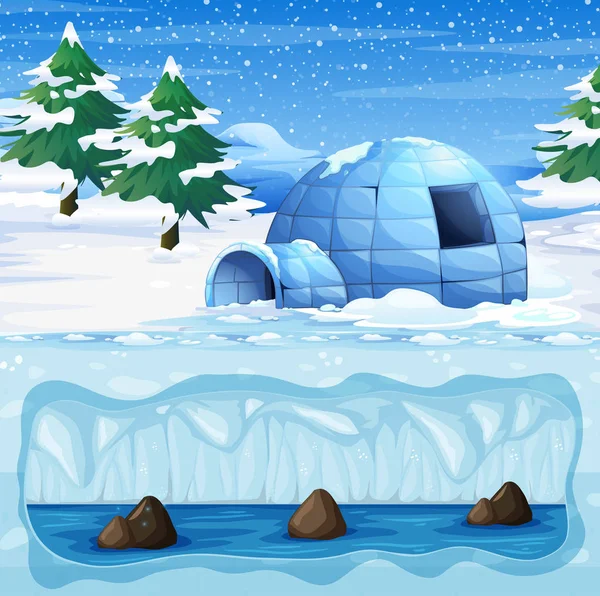 Igloo Ilustracji Zimny Biegun Północny — Wektor stockowy