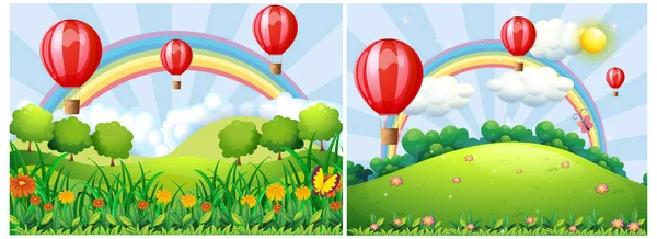 Illustratie Van Hete Lucht Ballon Hills — Stockvector