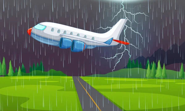 Samolot Latający Ilustracji Burza Piorunami — Wektor stockowy