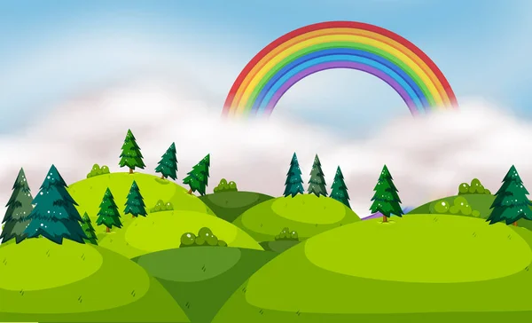 Vacker Fjällmiljö Och Rainbow Illustration — Stock vektor