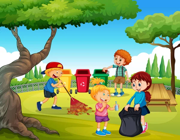 Ilustracja Grupa Dzieci Sprzątanie Ogrodu — Wektor stockowy