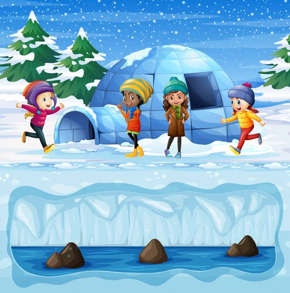 Giovani Ragazze Che Giocano Davanti All Illustrazione Igloo — Vettoriale Stock