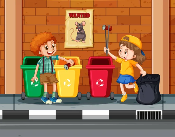 Crianças Coleta Limpeza Ilustração Cidade — Vetor de Stock