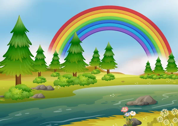 Beautiful Rainbow River Landscape Illustration — Stock Vector